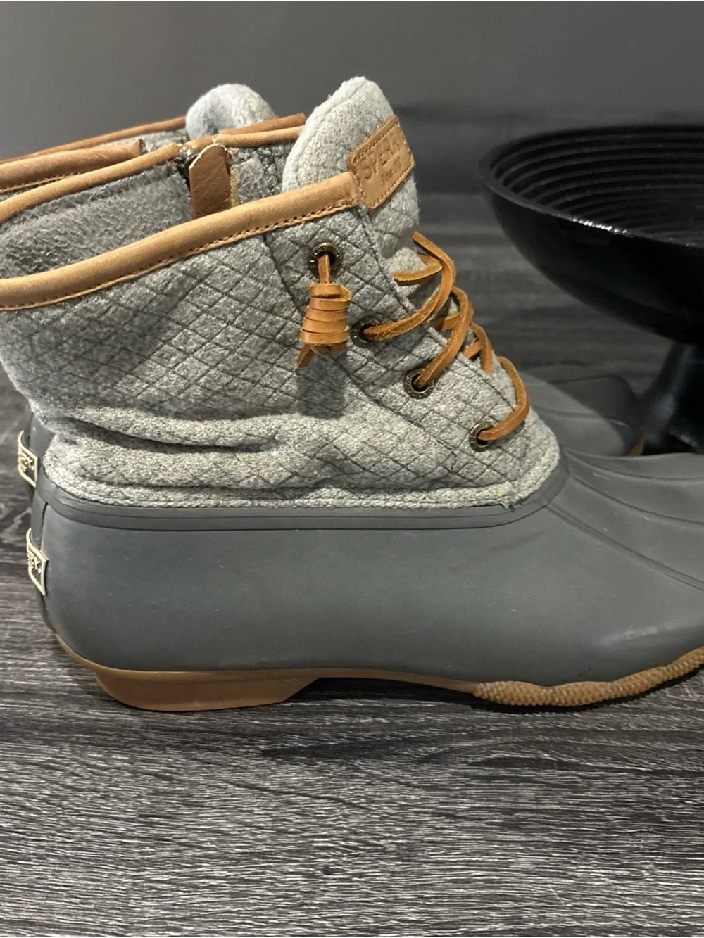 Sperry Gray and Tan Quilted Duck Boots